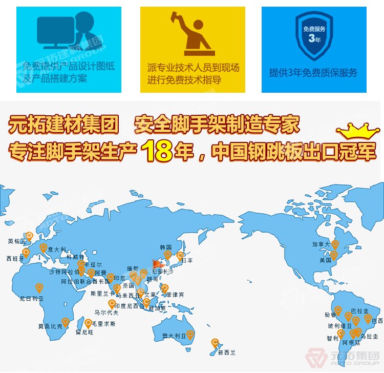 元拓建材集團，安全腳手架制造專家！專注腳手架生產(chǎn)18年，中國鋼跳板出口冠軍！